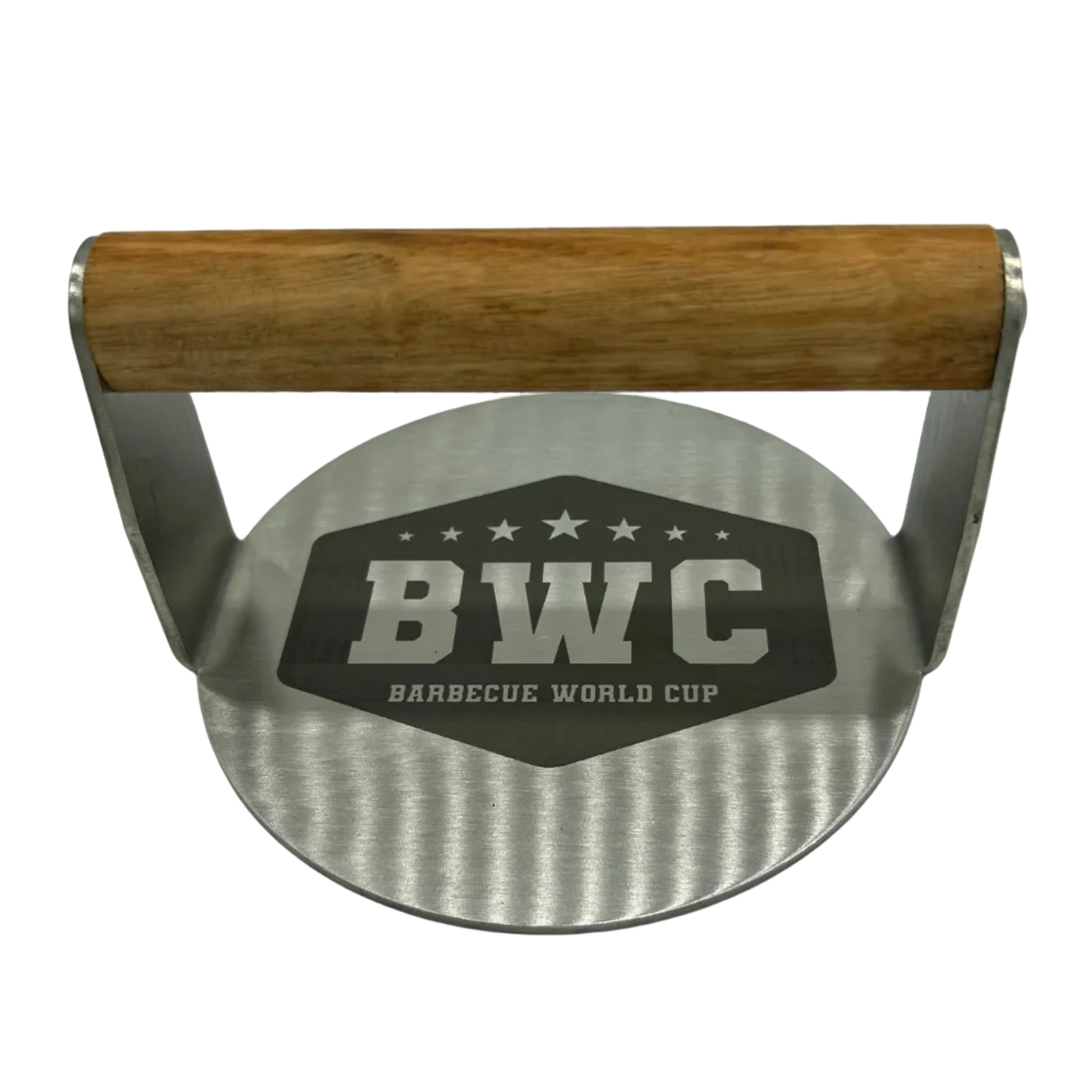 Stainless burger smasher with BBQ World Cup logo and wooden handle