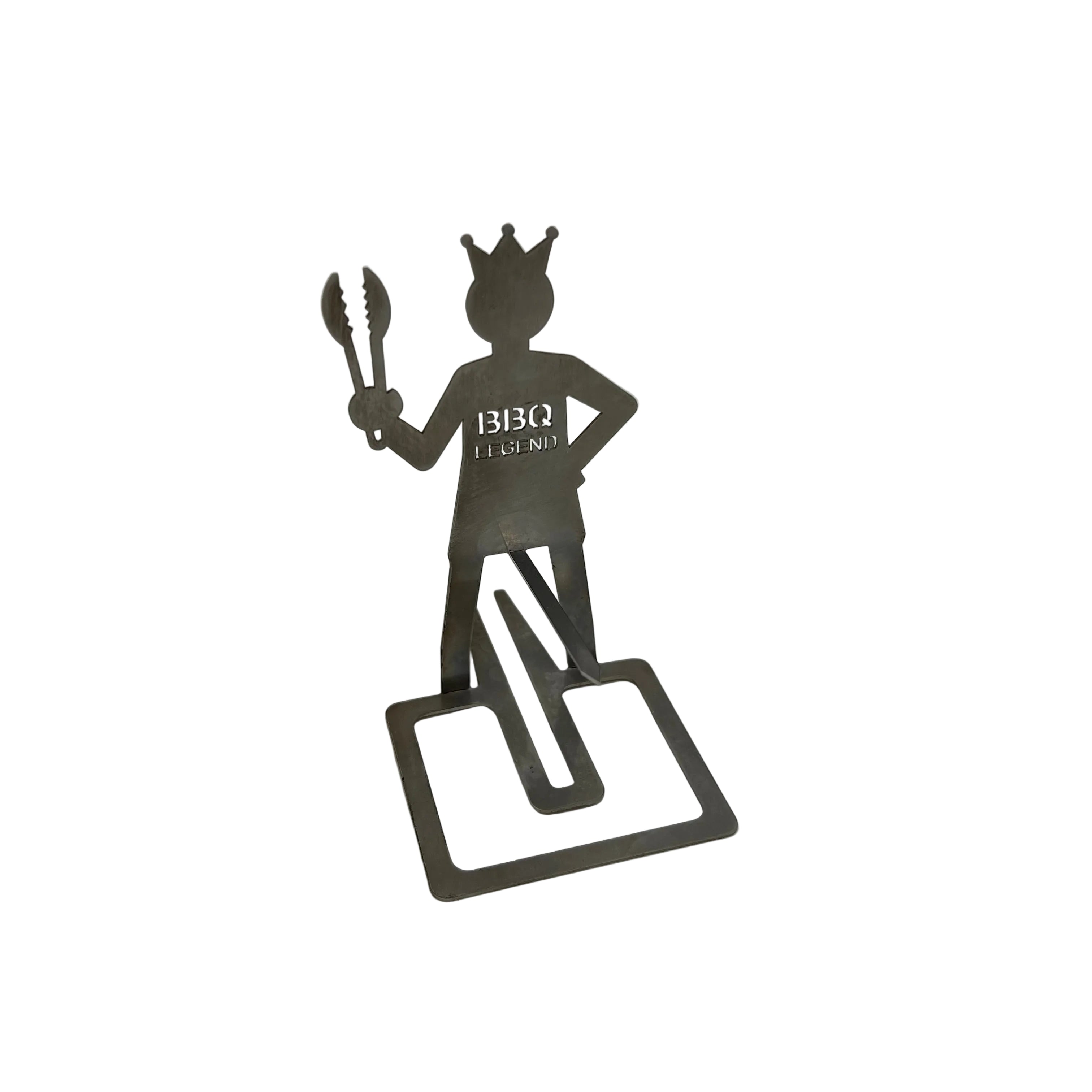 Metallic figure of a person with a crown and BBQ tools on a white background