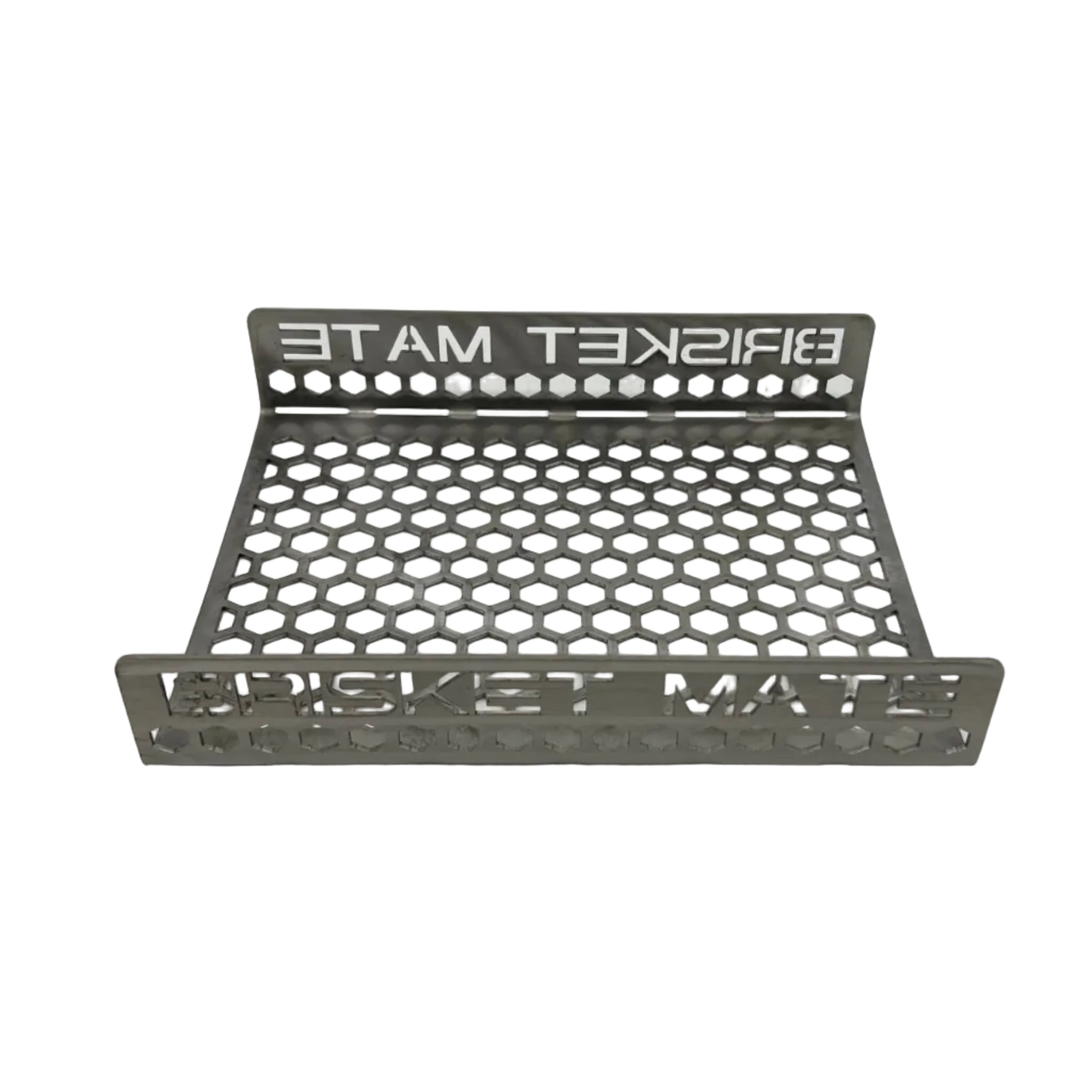 Brisket Mate Short Brisket Caddy – front view showing laser-cut Brisket Mate branding and hexagonal perforated stainless steel base