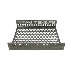 Brisket Mate Short Brisket Caddy – front view showing laser-cut Brisket Mate branding and hexagonal perforated stainless steel base
