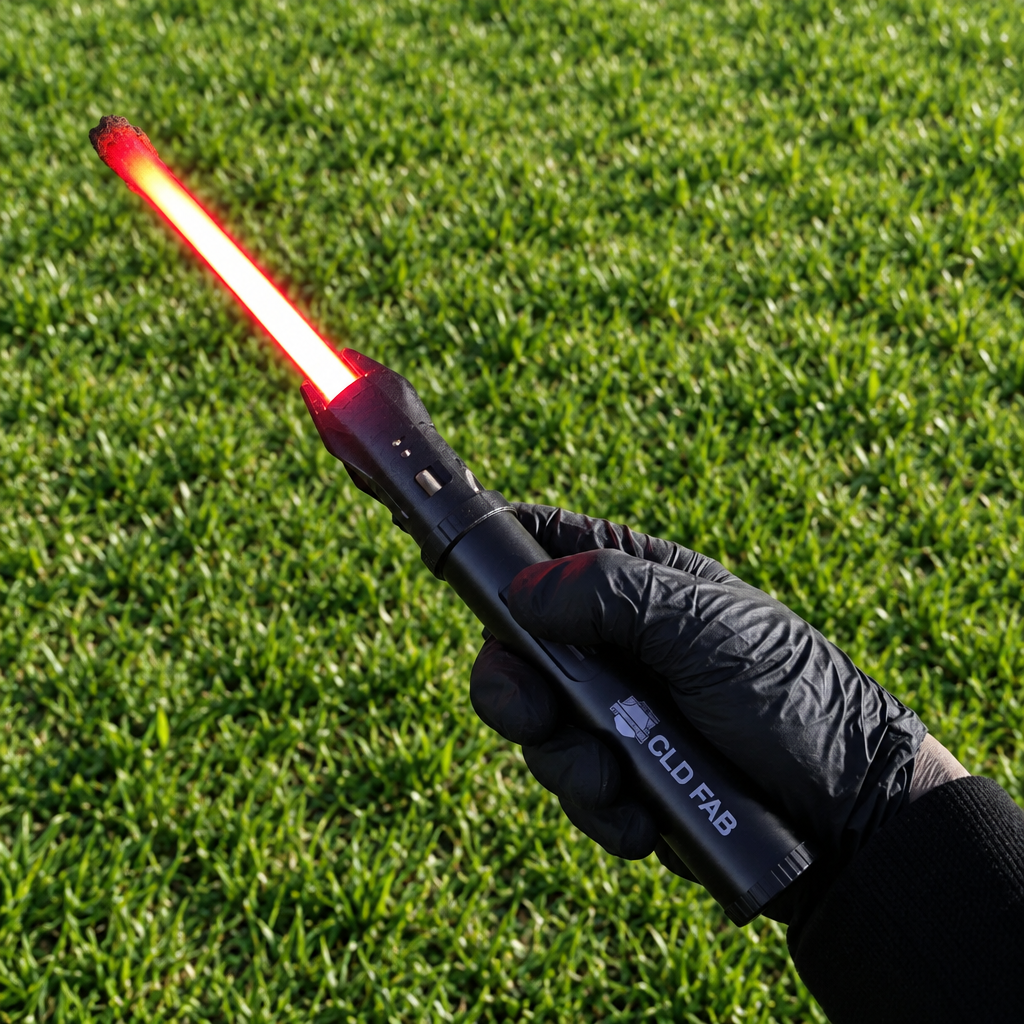 CLD FAB Jet Firelighter held in a gloved hand with a glowing red tip, lightsaber-inspired styling for Stringum Obliterus fans.