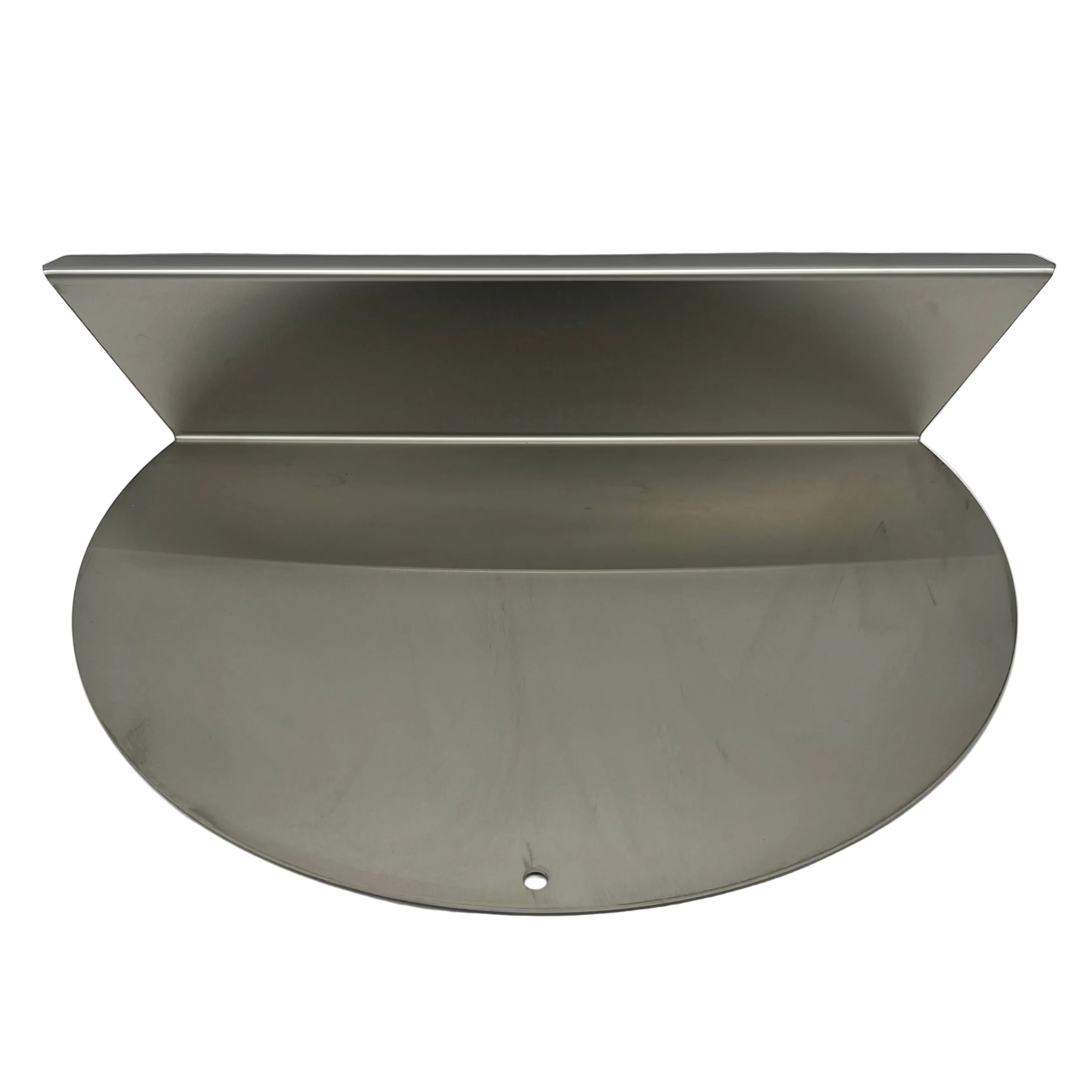 Front on view of old style 26" weber kettle offset plate in stainless