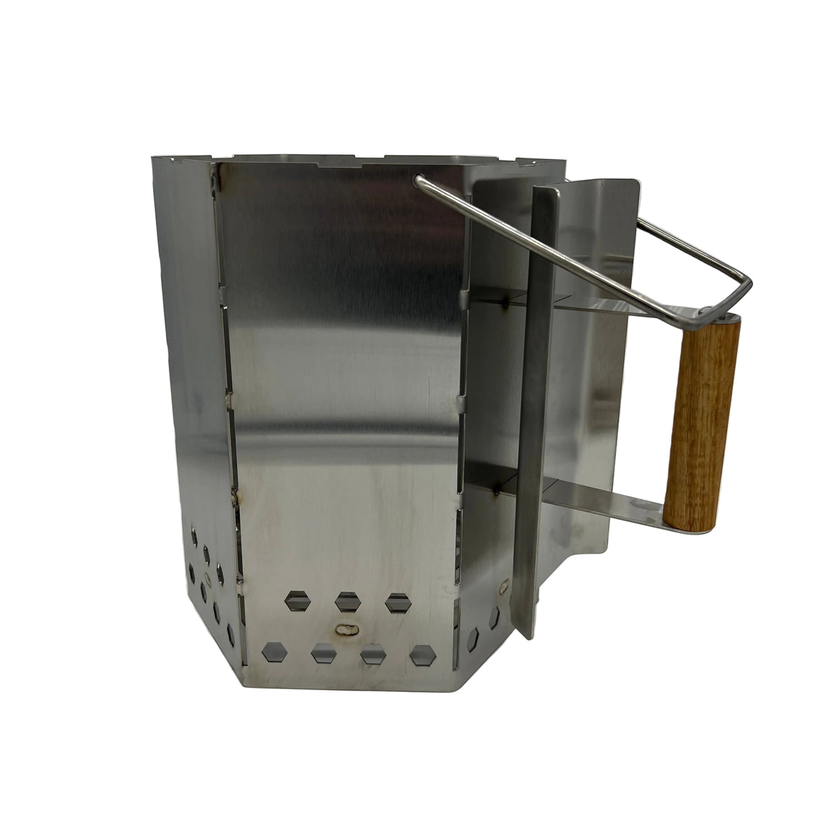 Side view of CLD Fabrication extra large stainless charcoal chimney showing timber handle, heat shield and lower air vents.
