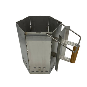CLD Fabrication extra large stainless steel charcoal chimney with timber handle and assist handle, an alternative to Smokey BBQ Bits.