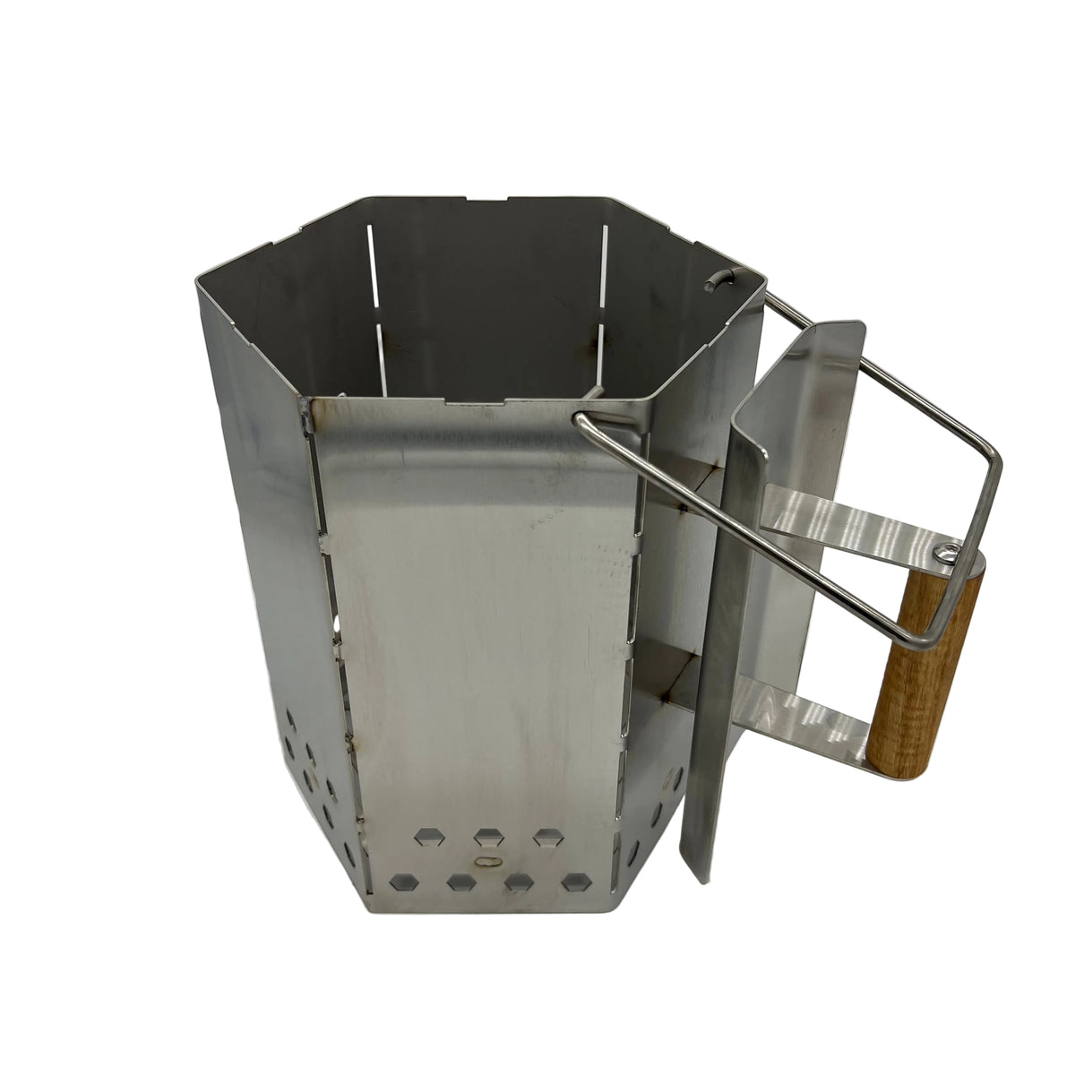 CLD Fabrication extra large stainless steel charcoal chimney with timber handle and assist handle, an alternative to Smokey BBQ Bits.
