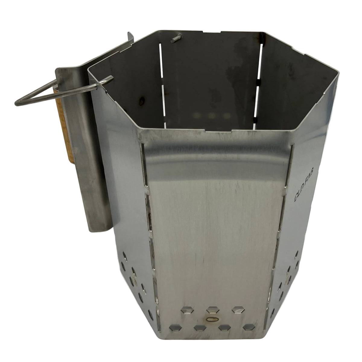 Angled view of CLD Fabrication hexagonal stainless steel charcoal chimney showing its open chamber and welded seams.