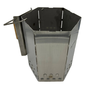Angled view of CLD Fabrication hexagonal stainless steel charcoal chimney showing its open chamber and welded seams.