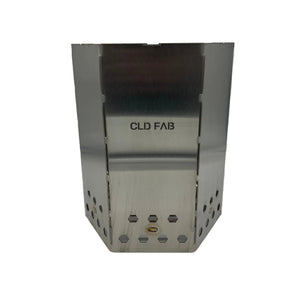 Front view of CLD Fabrication extra large charcoal chimney showing CLD FAB branding and hexagonal ventilation holes.
