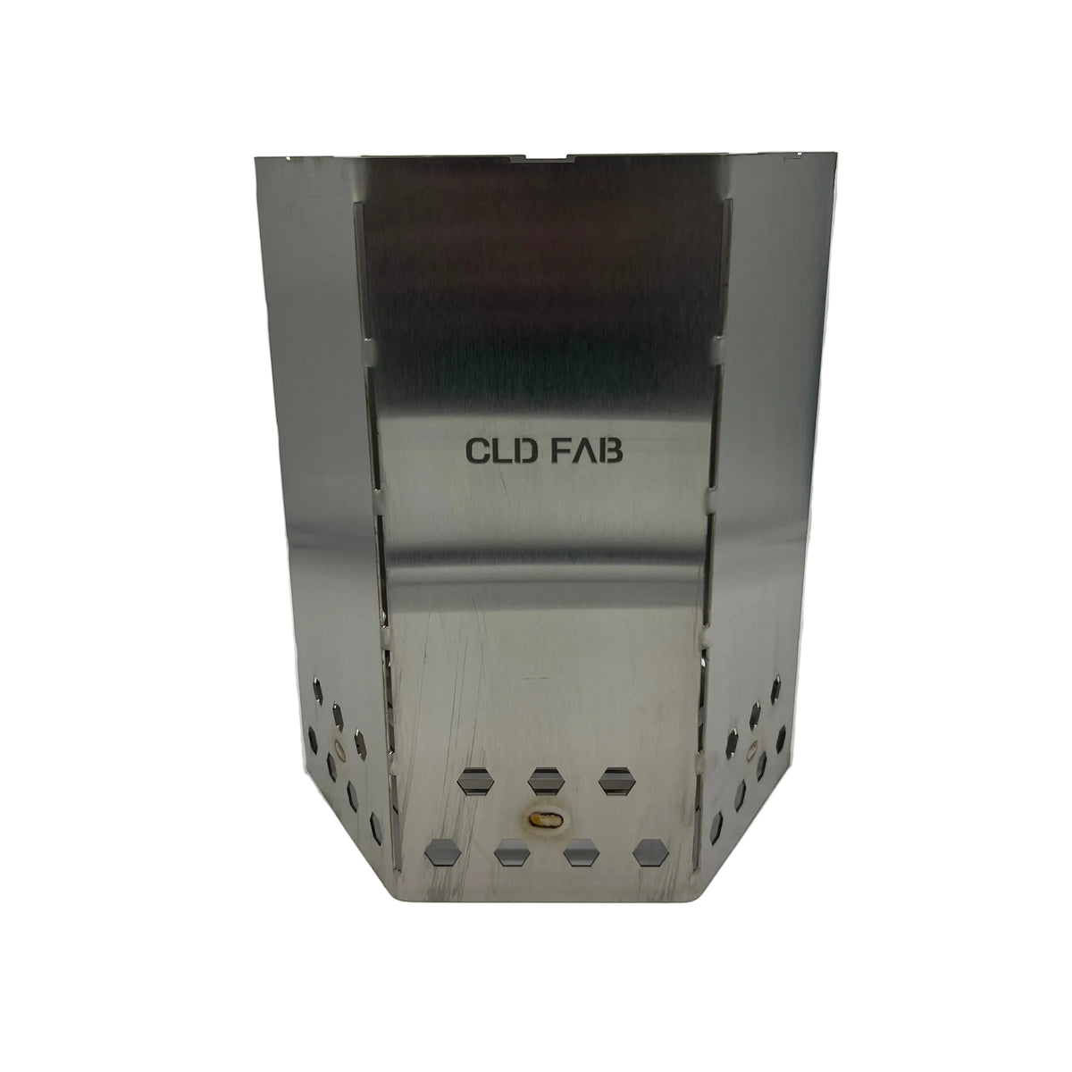 Front view of CLD Fabrication extra large charcoal chimney showing CLD FAB branding and hexagonal ventilation holes.