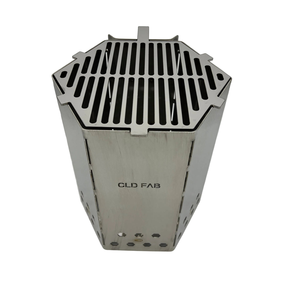 CLD Fabrication stainless steel charcoal chimney fitted with the optional slotted top cooking grill, viewed from the front.