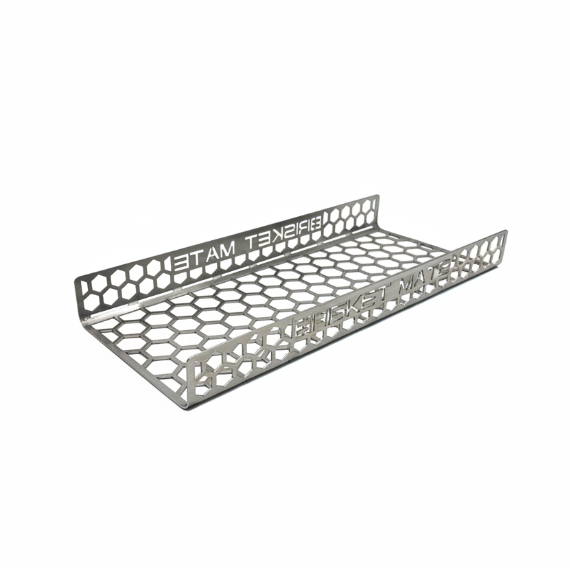 CLD Fabrication Brisket Mate Long Brisket Caddy – angled view showing perforated honeycomb stainless steel base and raised back panel