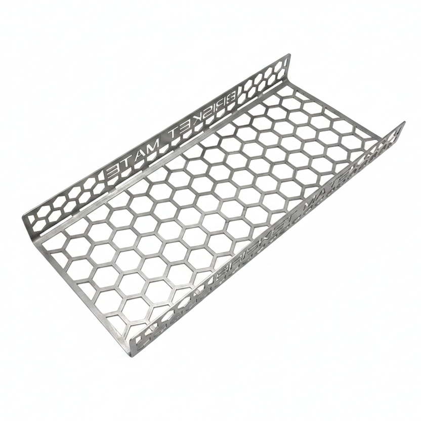 CLD Fabrication Brisket Mate Long Brisket Caddy – angled view showing honeycomb perforated base and raised side walls for brisket support