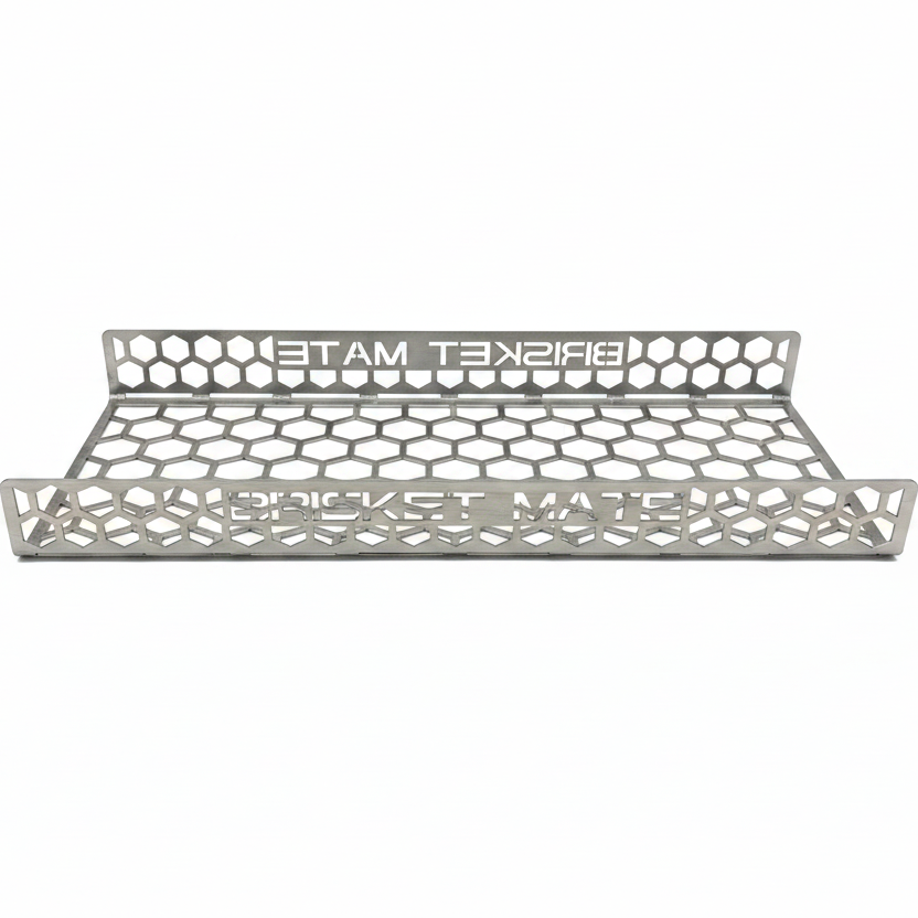 CLD Fabrication Brisket Mate Long Brisket Caddy – front view showing full-length honeycomb perforated stainless steel tray with raised end panels
